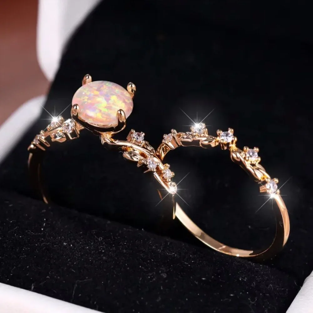 NEW 14k Gold Opal Diamond Ring Band Set of 2 Rings